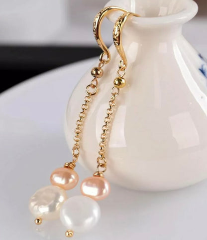 Dainty Pink and White Pearl Chain Earrings 1.5”