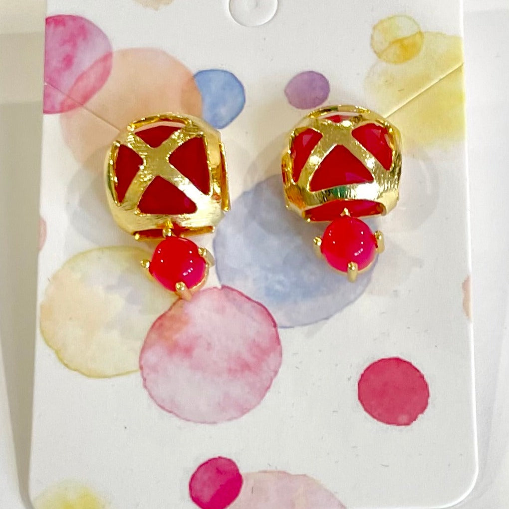 Criss Cross Pink Chalcedony Gemstone Gold Stud Earrings 1”