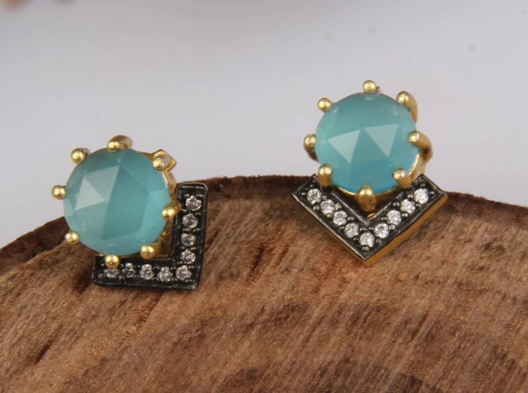 Petite Light Blue Chalcedony and Rhodium Gold Stud Earrings
