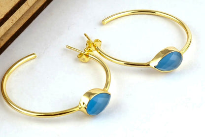 Pear-Shaped Blue Aquamarine Gemstone Hoop Earrings 2.25”