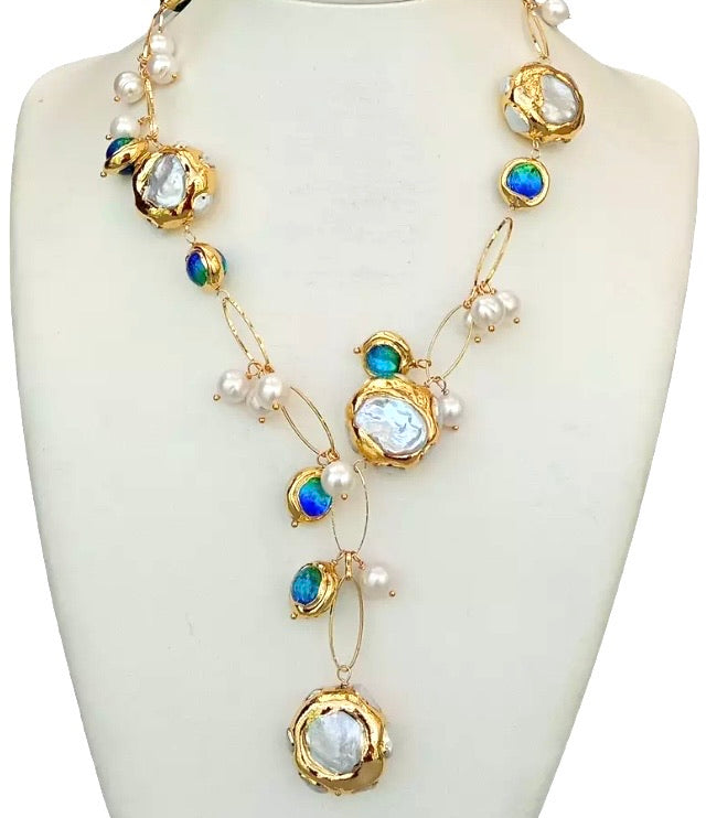 Blue Murano Baubles and Freshwater Pearls Gold Chain Statement Necklace
