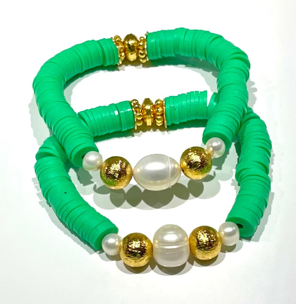 Colorful Parakeet Green Heishi Polymer & Freshwater Pearl Gold Bracelet