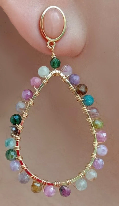 Multi-Colored Tourmaline Gemstone Dangle Hoop Earrings 2”