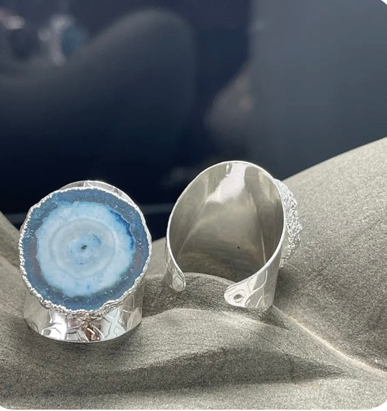 Cigar-Band Blue Solar Geode Adjustable Ring
