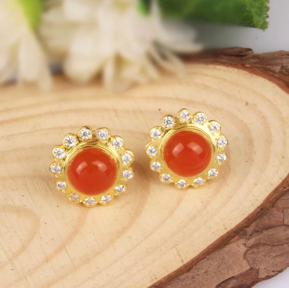 Orange Carnelian Gemstone Gold Stud Earrings 1”