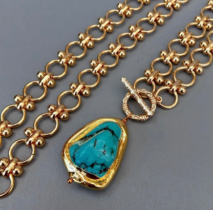 Gold Circle  Chain Turquoise Pendant Neckalce 21”