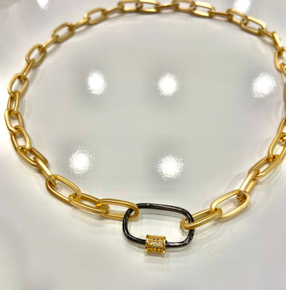 Ultra Chic Matte Gold Vermeil Chain 16” Necklace w/Gun Metal Pave Carabiner Clasp