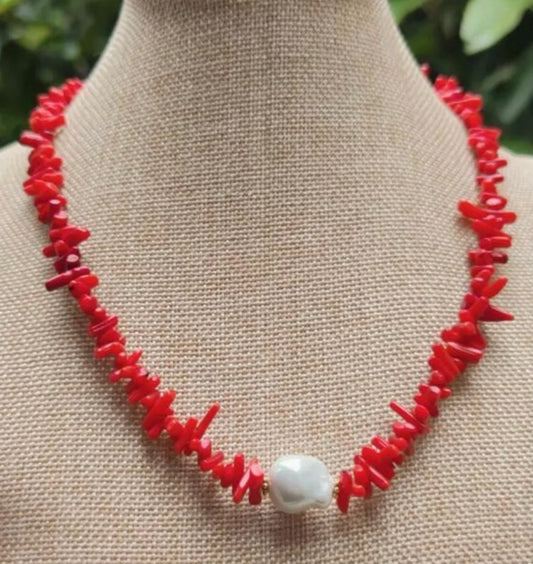 Irregular Sapling-Shaped Coral and Pearl Statement Necklace 18”