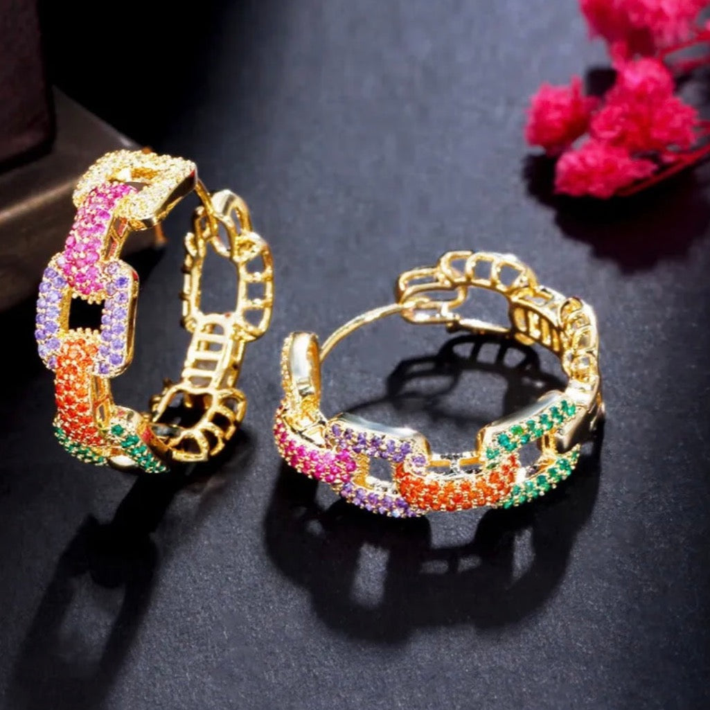 Dazzling Multi-Color Pave Crystal Cuban Chain Link Hoops Earrings 1.0”