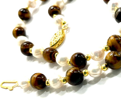 Brown Tiger’s Eye and Freshwater Pearl Gemstone Necklace 18”