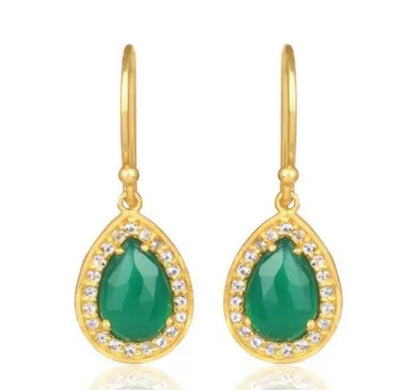Elegant Pear-Shaped Green Onyx & White Topaz Gemstone Earrings 1.5"