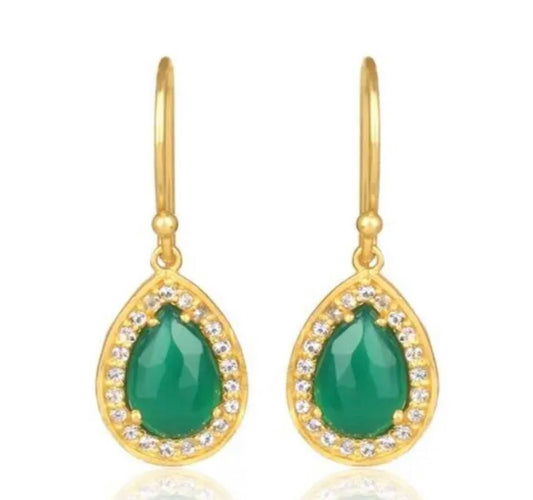 Elegant Pear-Shaped Green Onyx & White Topaz Gemstone Earrings 1.5