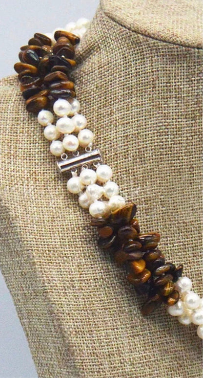 Tiger’s Eye and Freshwater Pearls Gemstone Triple-Strand Statement Necklace