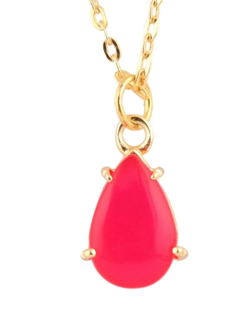 Pear-Shaped Bright Pink Chalcedony Gold Chain Pendant Necklace 18”