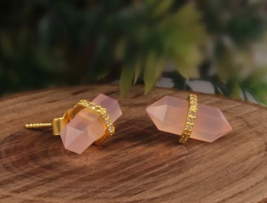 Pink Quartz Pencil-Cut Gemstone and Gold Stud Earrings