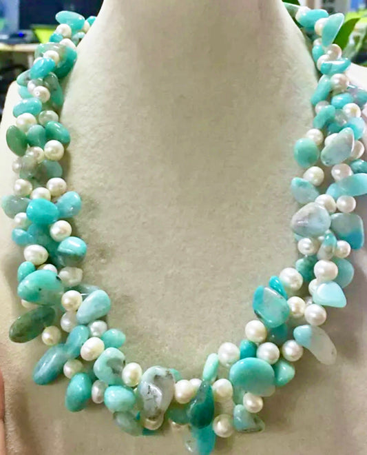 Green Amazonite Gemstones and Freshwater Pearls Triple-Strand Statement Necklace 20"