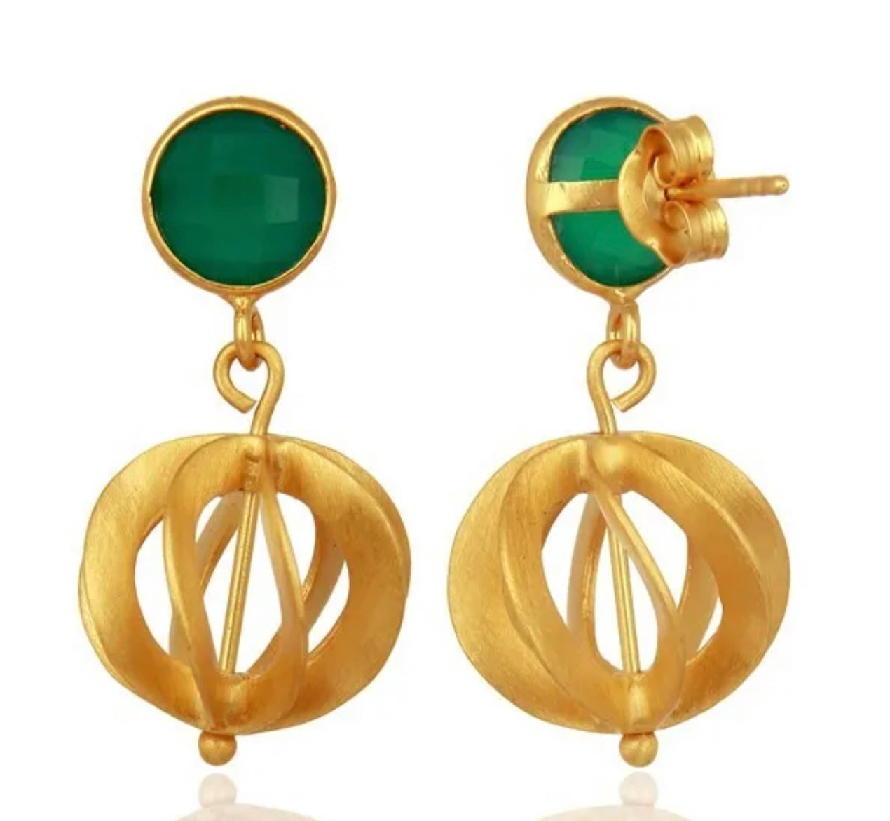Gold Vermeil Green Onyx Filigree Dangle Earrings 1.18”