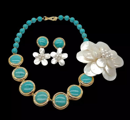 Coastal Turquoise and Pearl Pendant Necklace/Earrings Set 20”