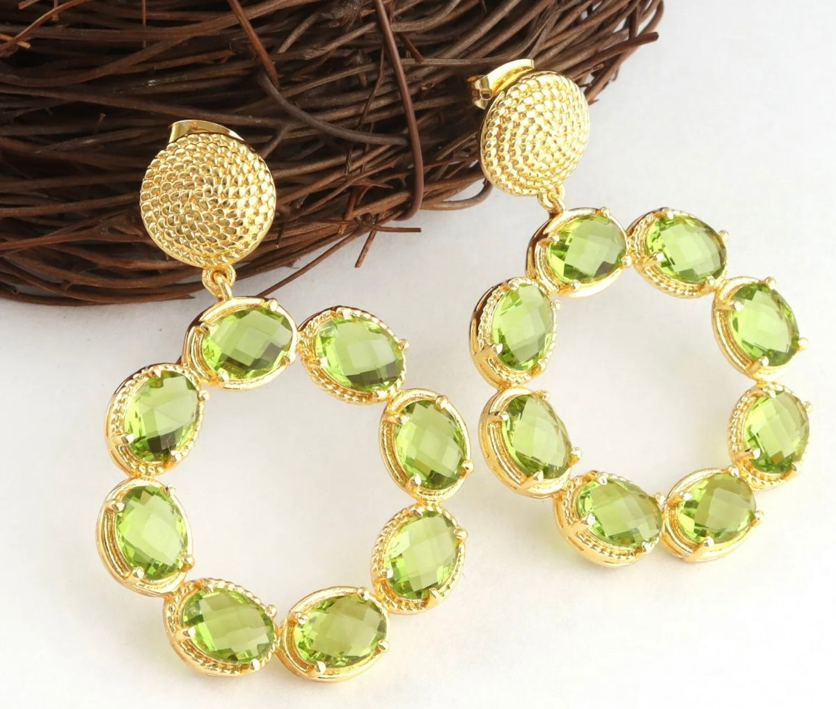 Green Peridot Gemstones Gold Twisted Statement Earrings 2”