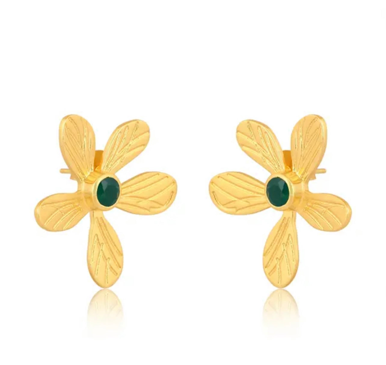 Gold Vermeil Green Onyx Gemstone Flower Statement Studs 1.5”