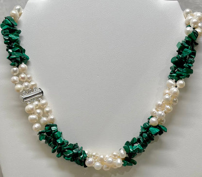 Green Malachite and Freshwater Pearls Triple-Stand Statement Necklace 18"