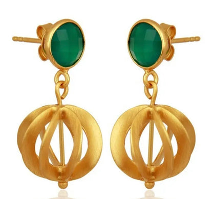 Gold Vermeil Green Onyx Filigree Dangle Earrings 1.18”