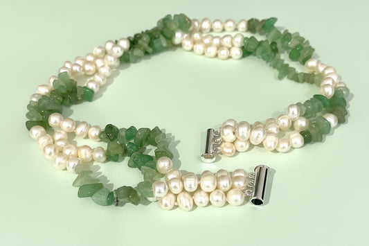 Freshwater Pearl & Green Aventurine Triple-Strand Statement Necklace