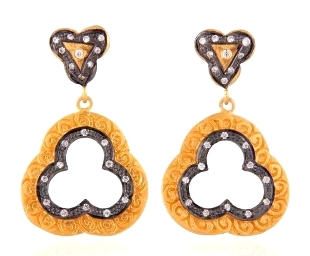 Elegant 22k Gold Vermeil Black Rhodium and White Zirconia Dangle Earrings 2"