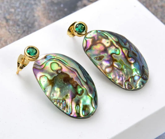 Iridescent Rainbow Abalone Shell Green Pave Stud Statement Earrings 1.5