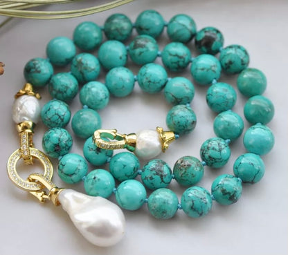 Rare Keshi Pearl Drop and Turquoise Gesmtone Double-Knotted Statement Necklace 18"