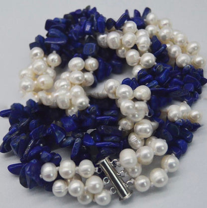 Lapis Lazuli Gemstones and Freshwater Pearls Gemstone Triple-Strand Statement Necklace 18"