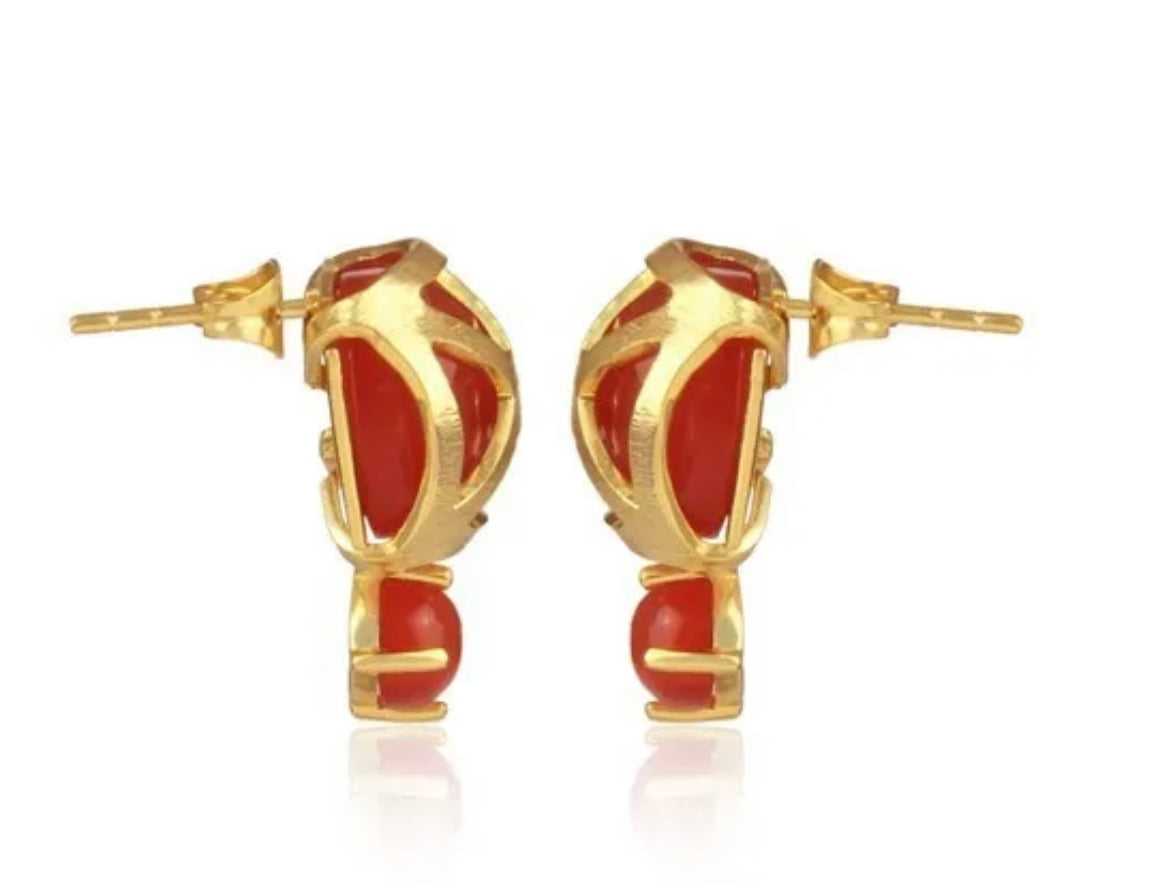 Criss Cross Orange Carnelian Gemstone Gold Stud Earrings 1”