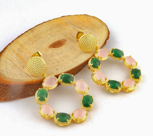 Pink Quartz and Green Onyx Gemstone Gold Twisted Statement Earrings 2