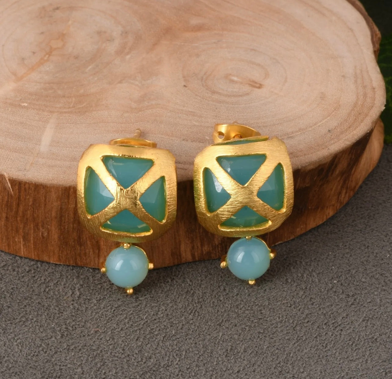 Criss Cross Aqua Chalcedony Gemstone Gold Stud Earrings 1”