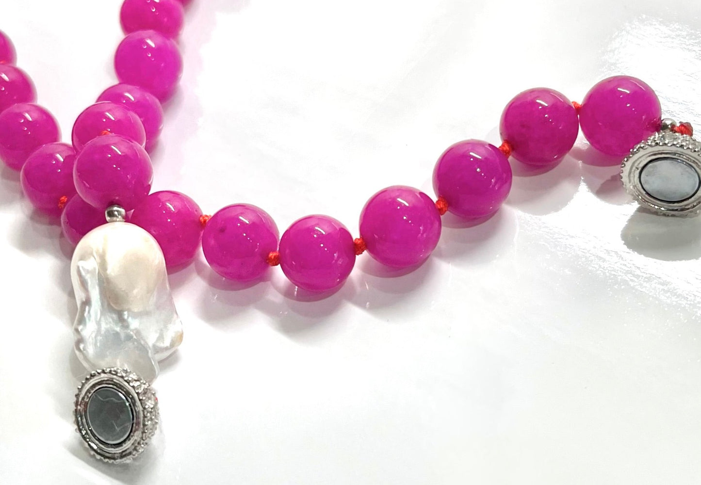 Vivid Pink Sugilite and Baroque Pearl Gemstone Statement Necklace 18"