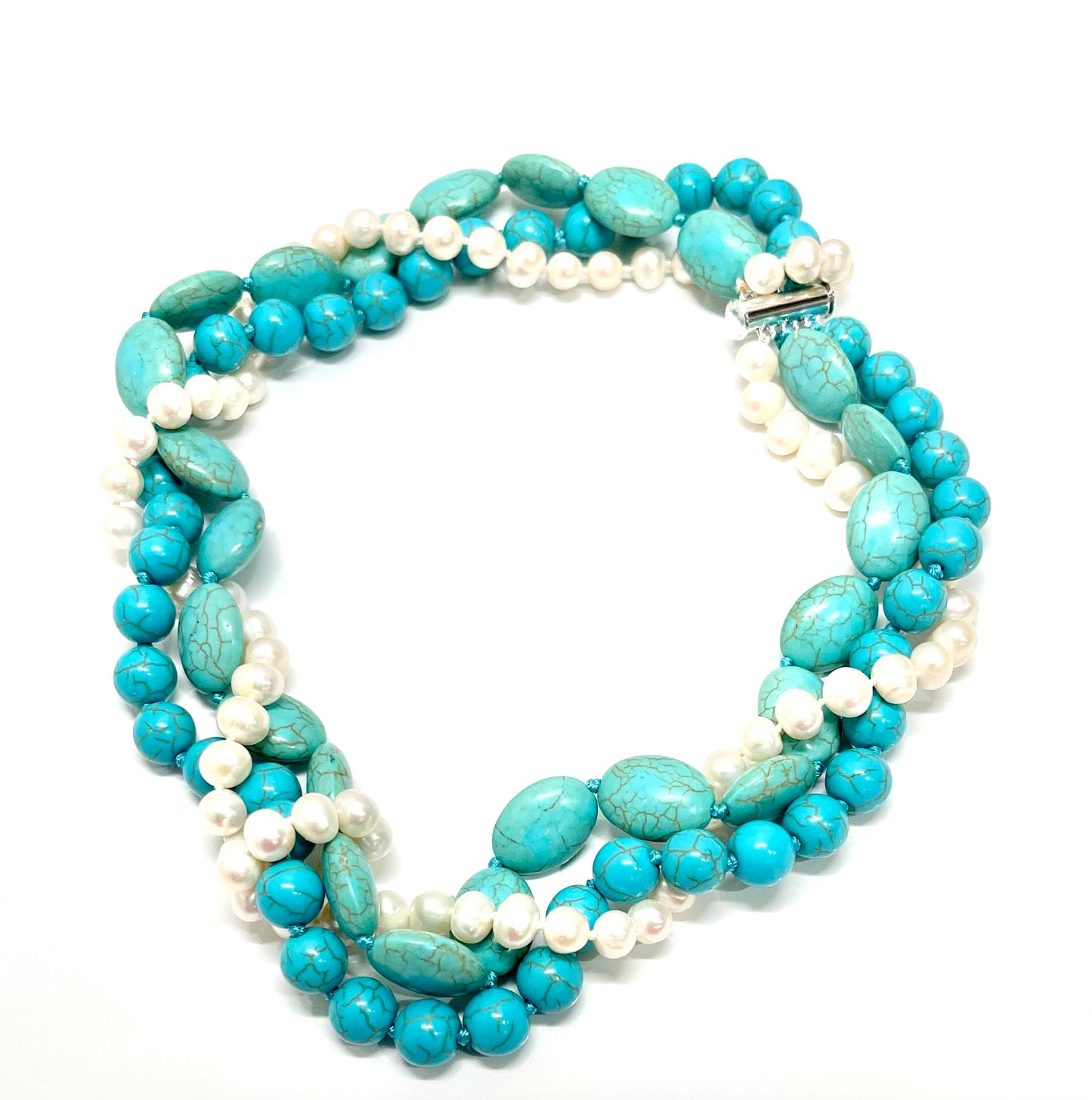 Turquoise and Pearl Gemstones Triple-Strand Statement Necklace 18"