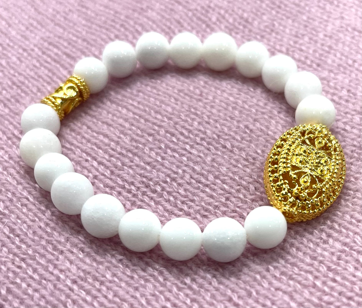 White Alabaster Gemstones and 18k Gold Filigree Bali Bead