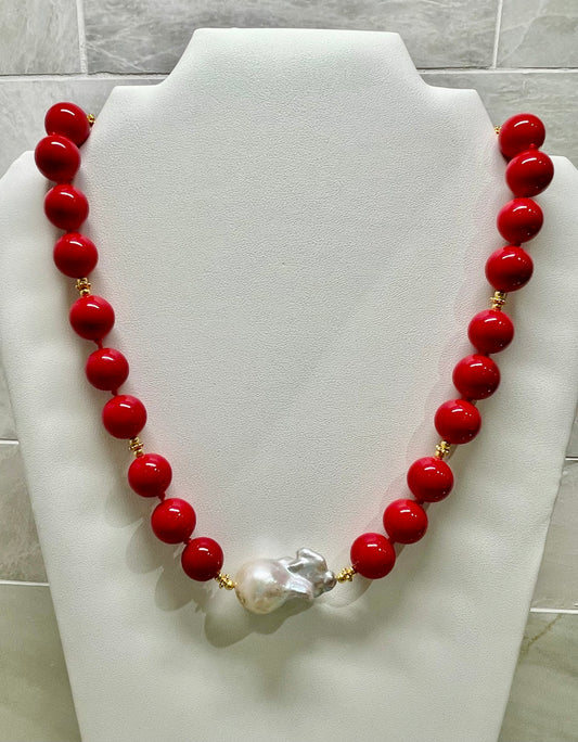 Red Coral & White Baroque Pearl Gemstone Statement Necklace 18