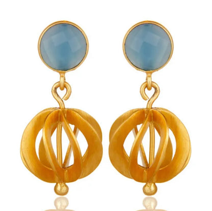 Blue Chalcedony Gold Vermeil Filigree Dangle Earrings 1.18”