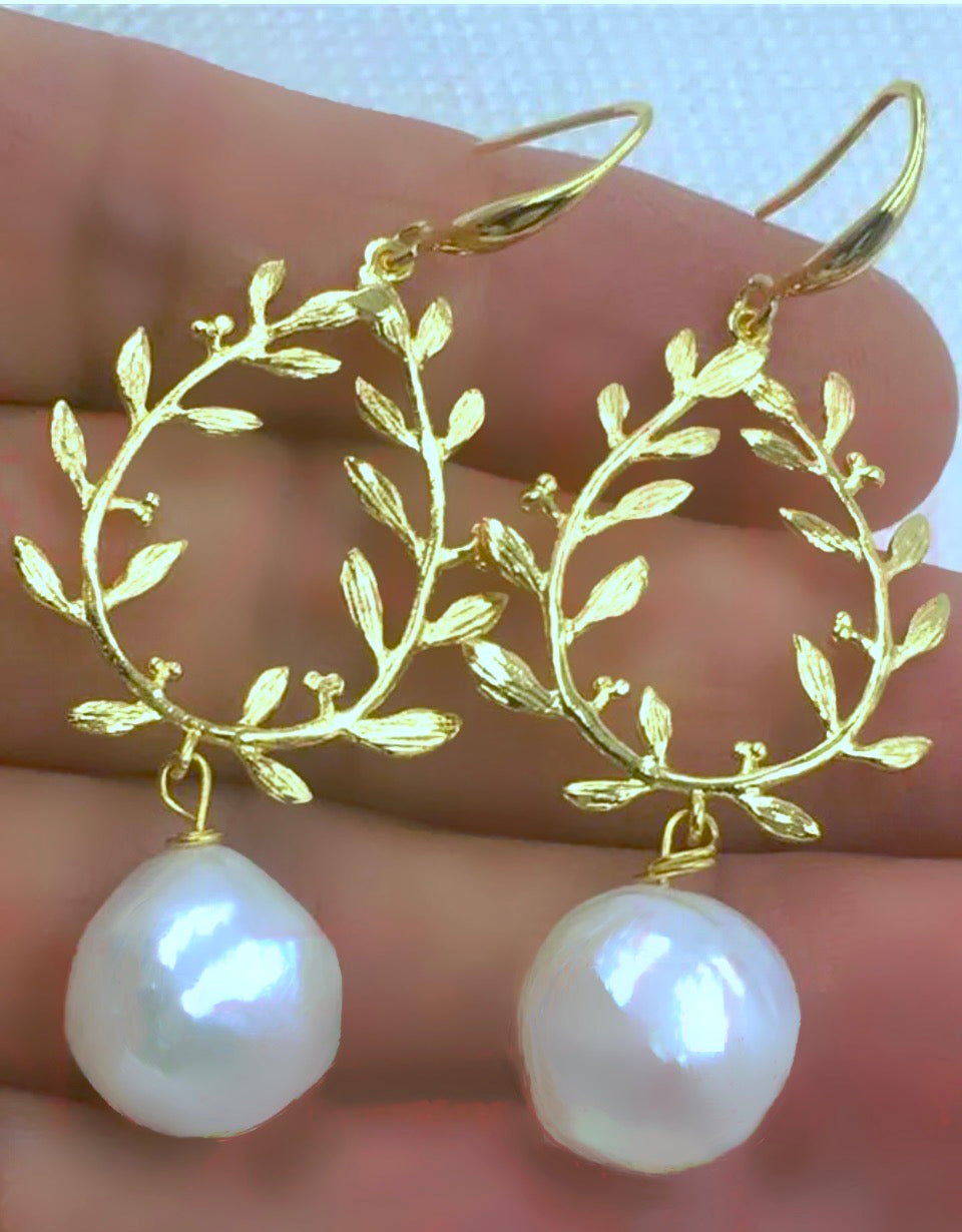 Gold Vermeil Leaf Baroque Pearl Drop/Dangle Earrings 3”
