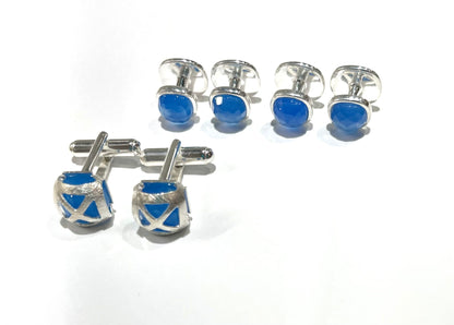 French Blue Chalcedony Gemstone Sterling Silver Cufflinks w/Engraved Logo