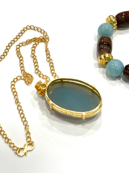 Harbor Blue Chalcedony Gold Chain Pendant Necklace, Gemstone Bracelet and Earrings Set