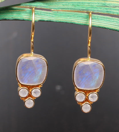 Rainbow Moonstone Earrings, Silver Earrings, One Micron Gold Plating, Beautiful Earrings, Blue Flashy Earrings,