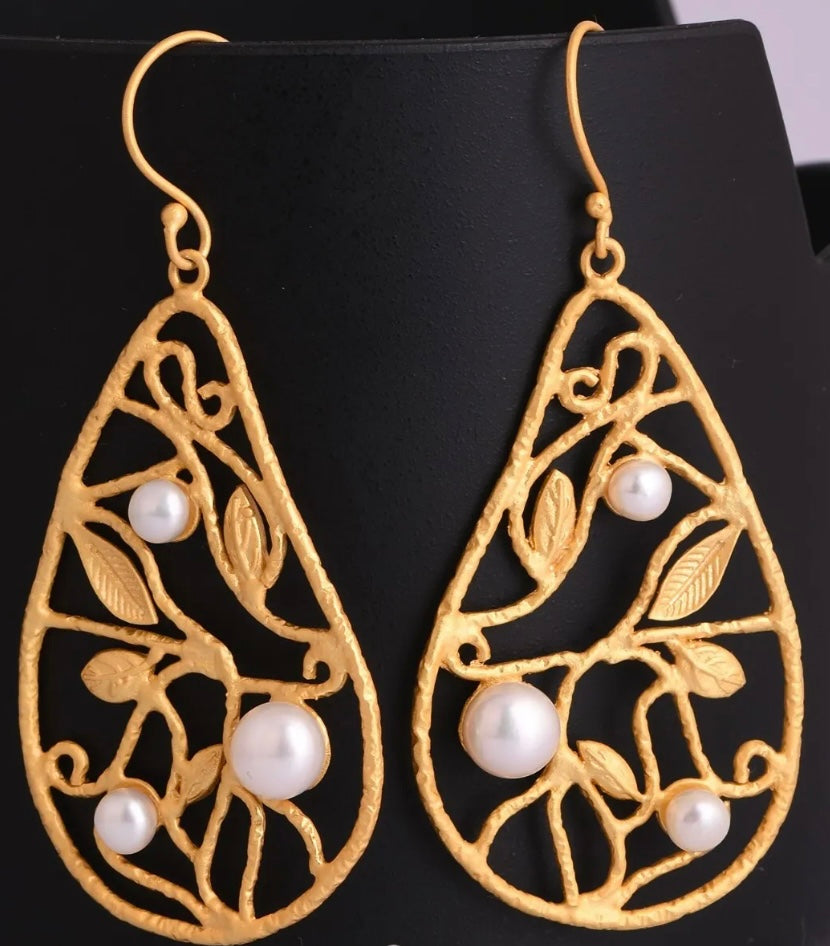 Leaf-Shape 24k Gold Vermeil and Pearls Statement Earrings 2.75”