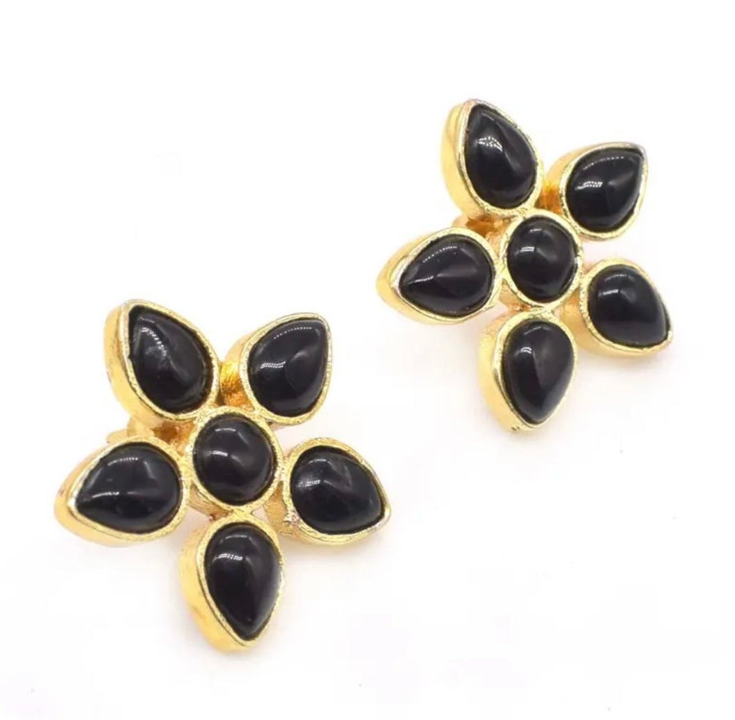Multi-Gemstone Flower Gold Stud Earrings 1”