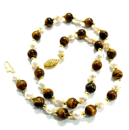 Brown Tiger’s Eye and Freshwater Pearl Gemstone Necklace 18”