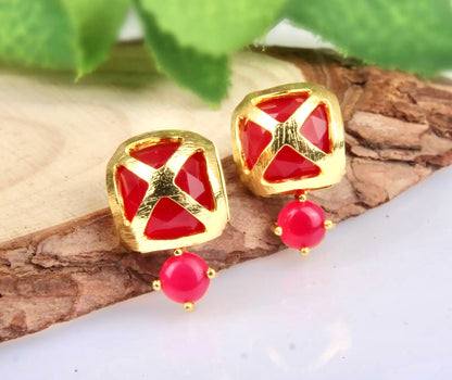 Criss Cross Pink Chalcedony Gemstone Gold Stud Earrings 1”