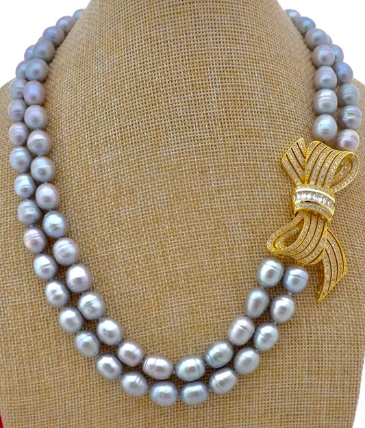 Luminous Gray Pearl Gold Pave Bow Pendant Statement Necklace 20