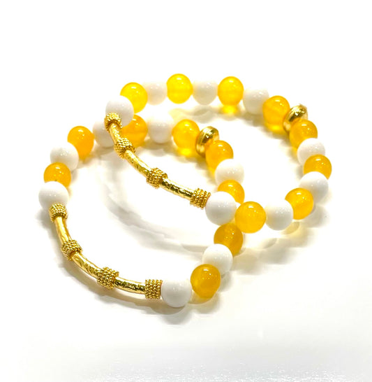 Lemon Quartz and Alabaster Gemstone Bali Tube Beaded Bracelet