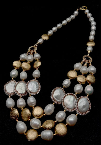 Glamoreous White Rice Cultured Pearls & Brushed Gold Vermeil Statement Necklace